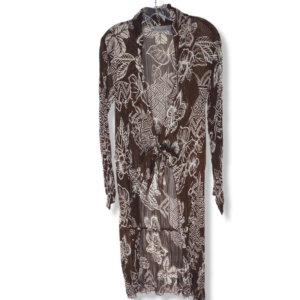 Chico's Brown Coverup Semi Sheer White‎ Design Pleated LS Open Front